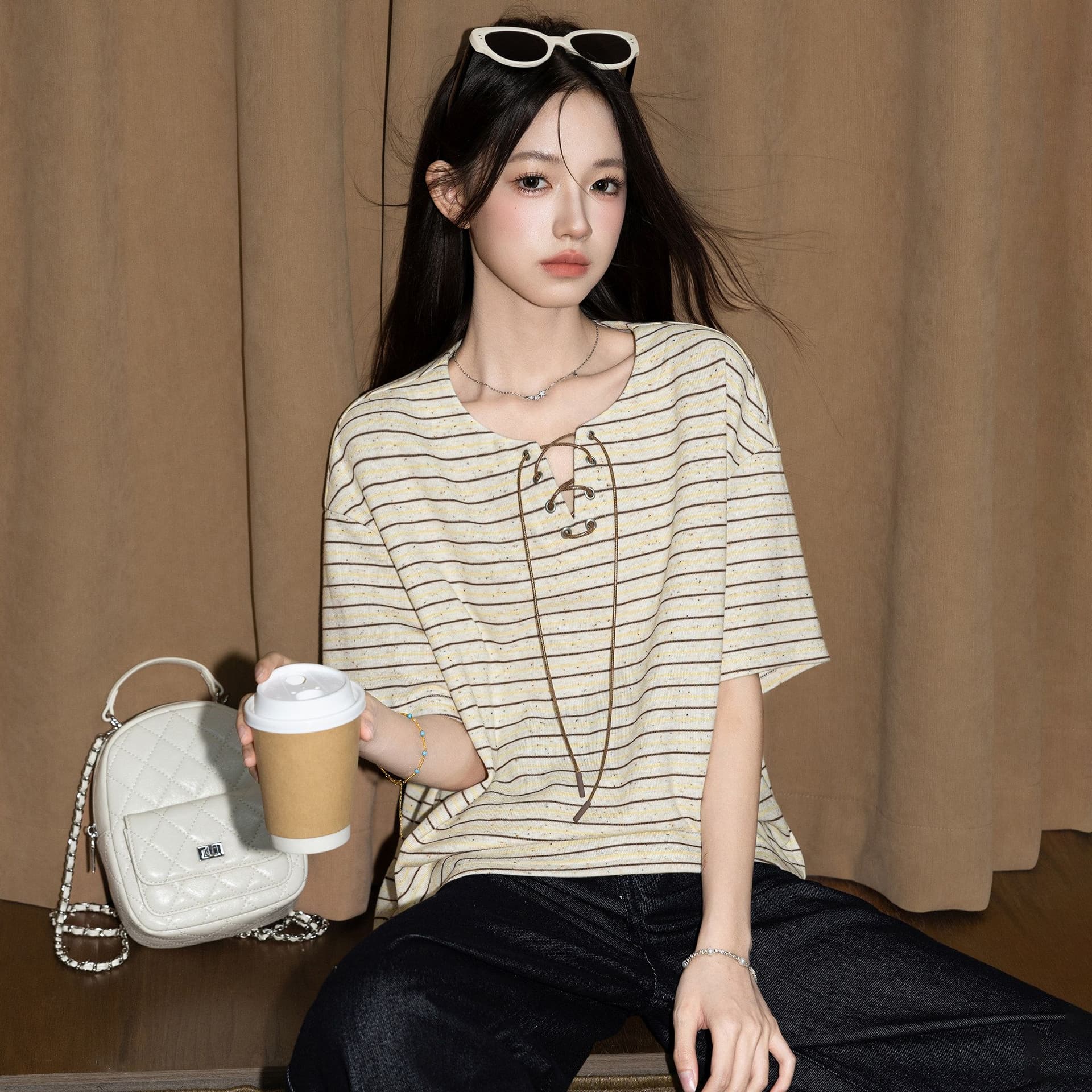 원본 260 그램 반팔 티셔츠 여성 의류 여름 새로운 한 부서 스트랩 아메리칸 스트라이프 V넥 맨위 상세 이미지 3