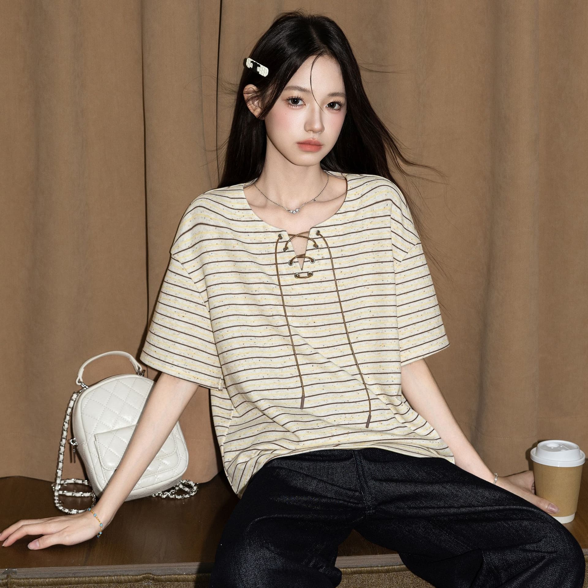 원본 260 그램 반팔 티셔츠 여성 의류 여름 새로운 한 부서 스트랩 아메리칸 스트라이프 V넥 맨위 상세 이미지 4