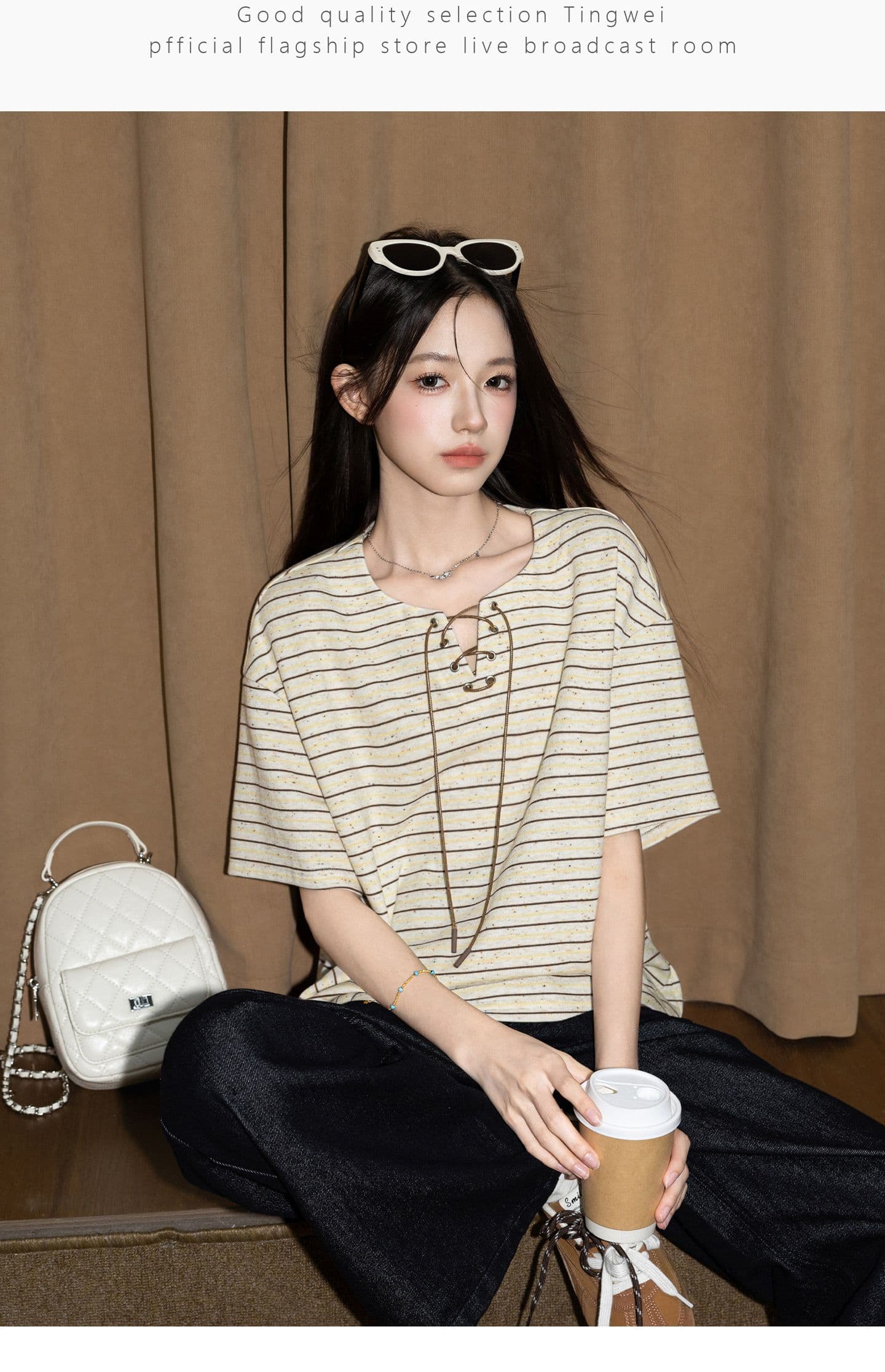 원본 260 그램 반팔 티셔츠 여성 의류 여름 새로운 한 부서 스트랩 아메리칸 스트라이프 V넥 맨위 상세 이미지 7