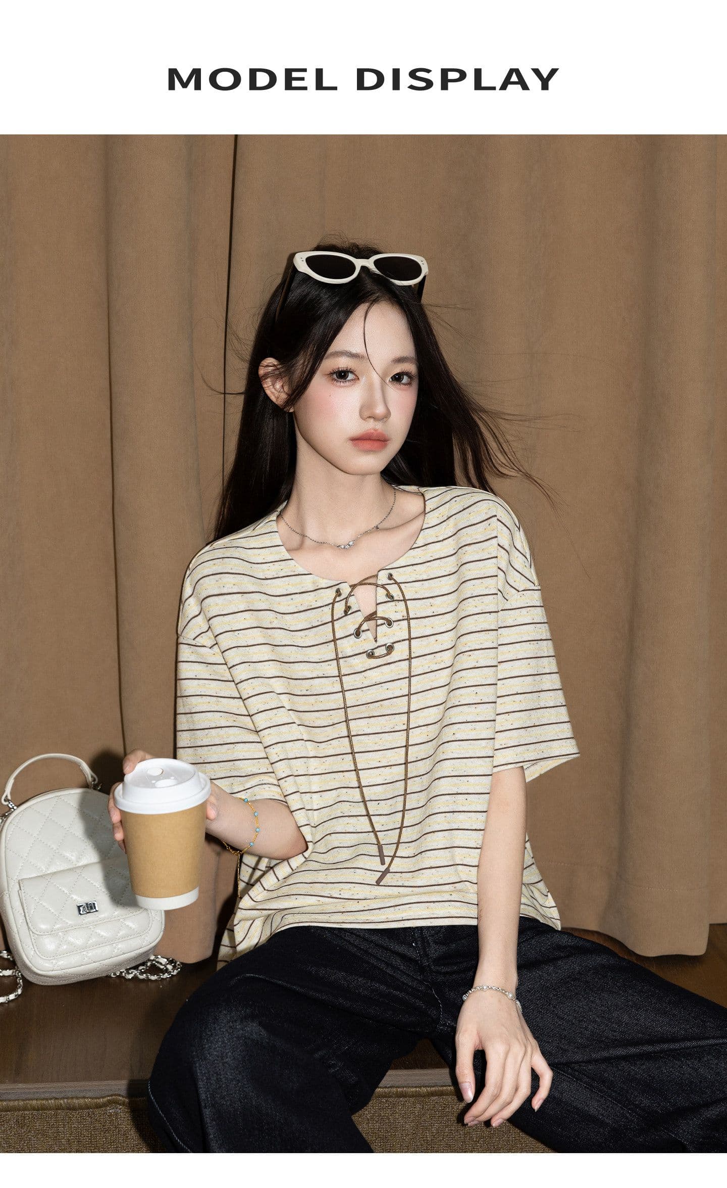 원본 260 그램 반팔 티셔츠 여성 의류 여름 새로운 한 부서 스트랩 아메리칸 스트라이프 V넥 맨위 상세 이미지 9