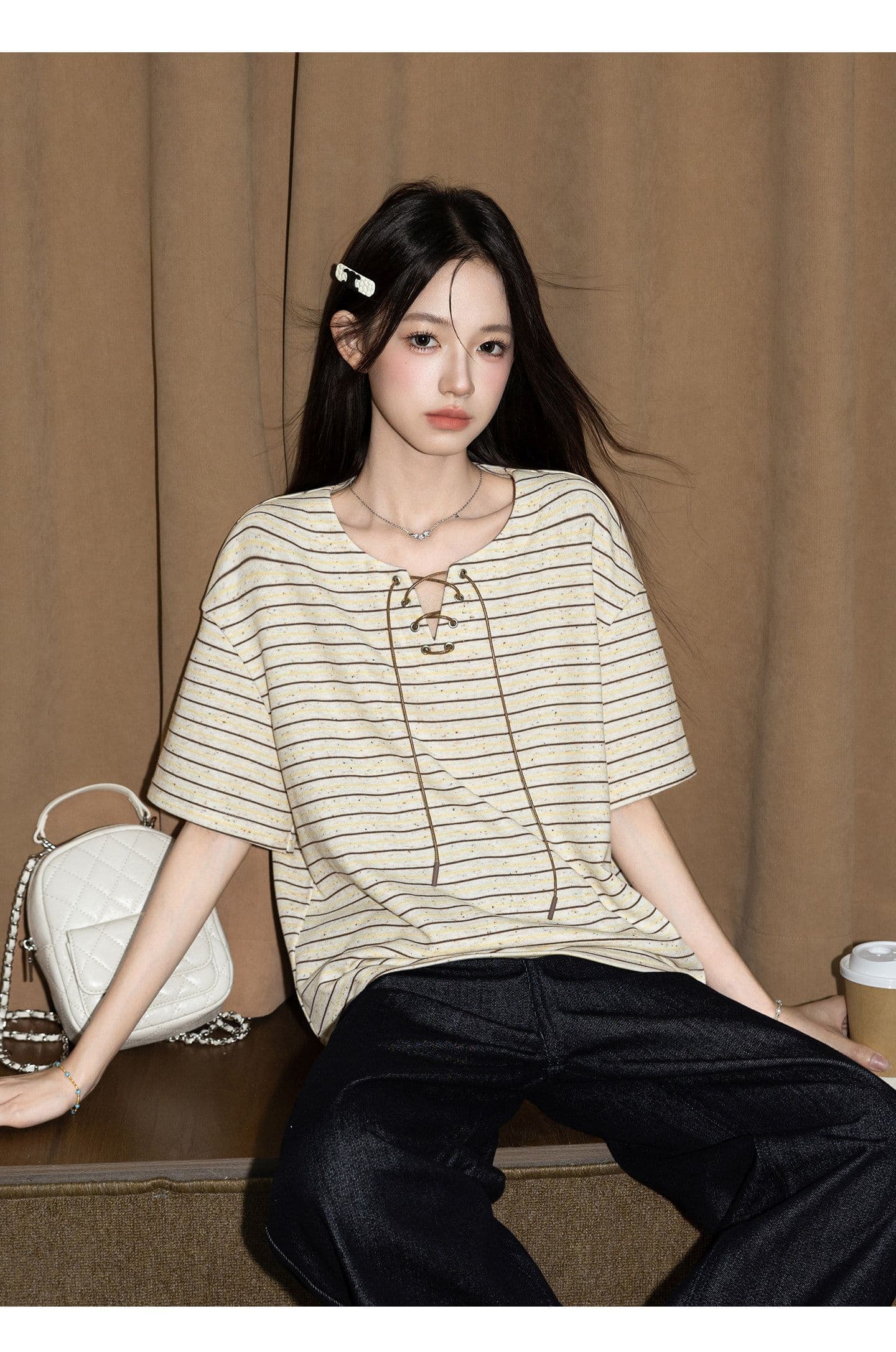 원본 260 그램 반팔 티셔츠 여성 의류 여름 새로운 한 부서 스트랩 아메리칸 스트라이프 V넥 맨위 상세 이미지 10
