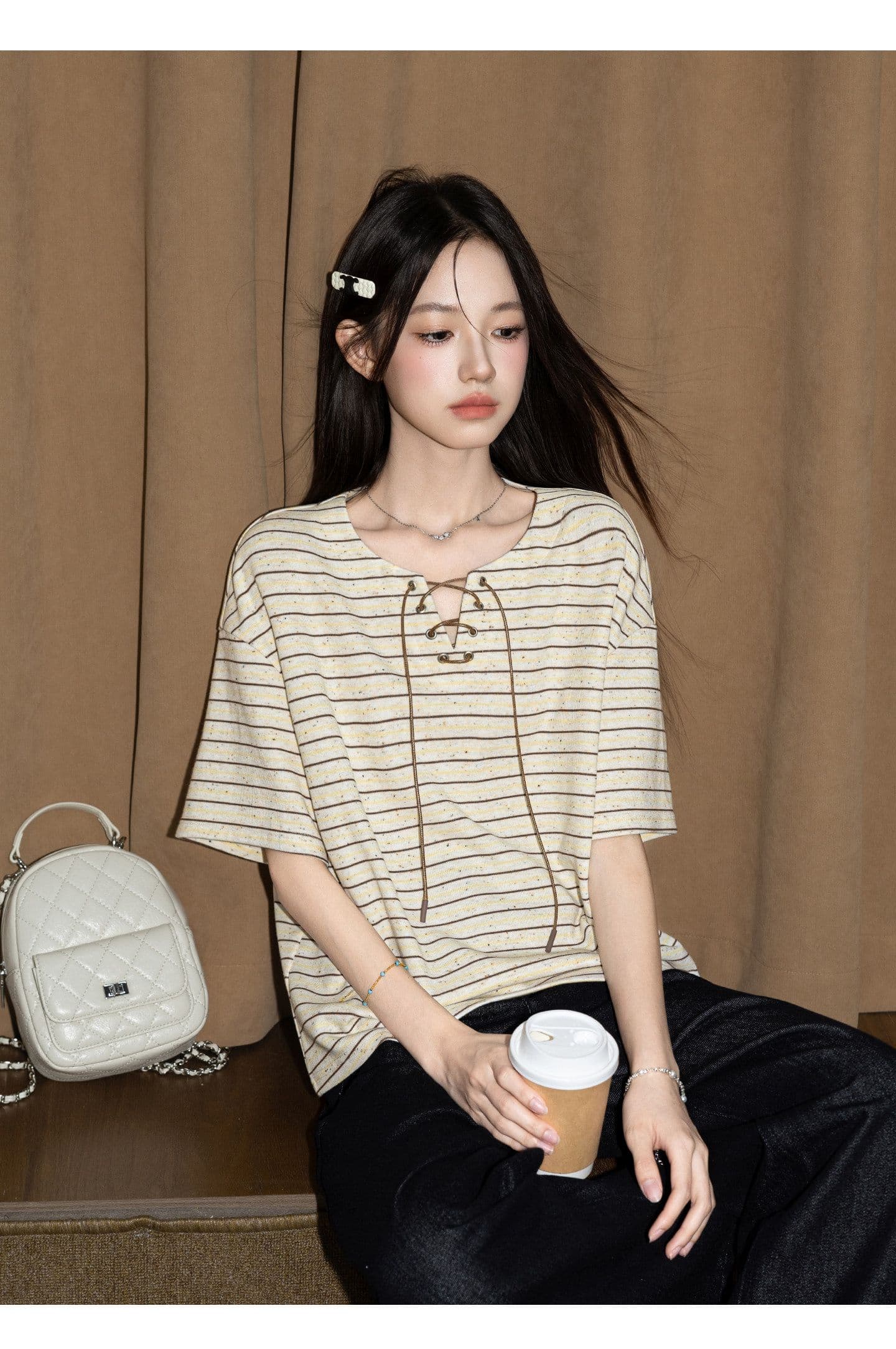 원본 260 그램 반팔 티셔츠 여성 의류 여름 새로운 한 부서 스트랩 아메리칸 스트라이프 V넥 맨위 상세 이미지 11
