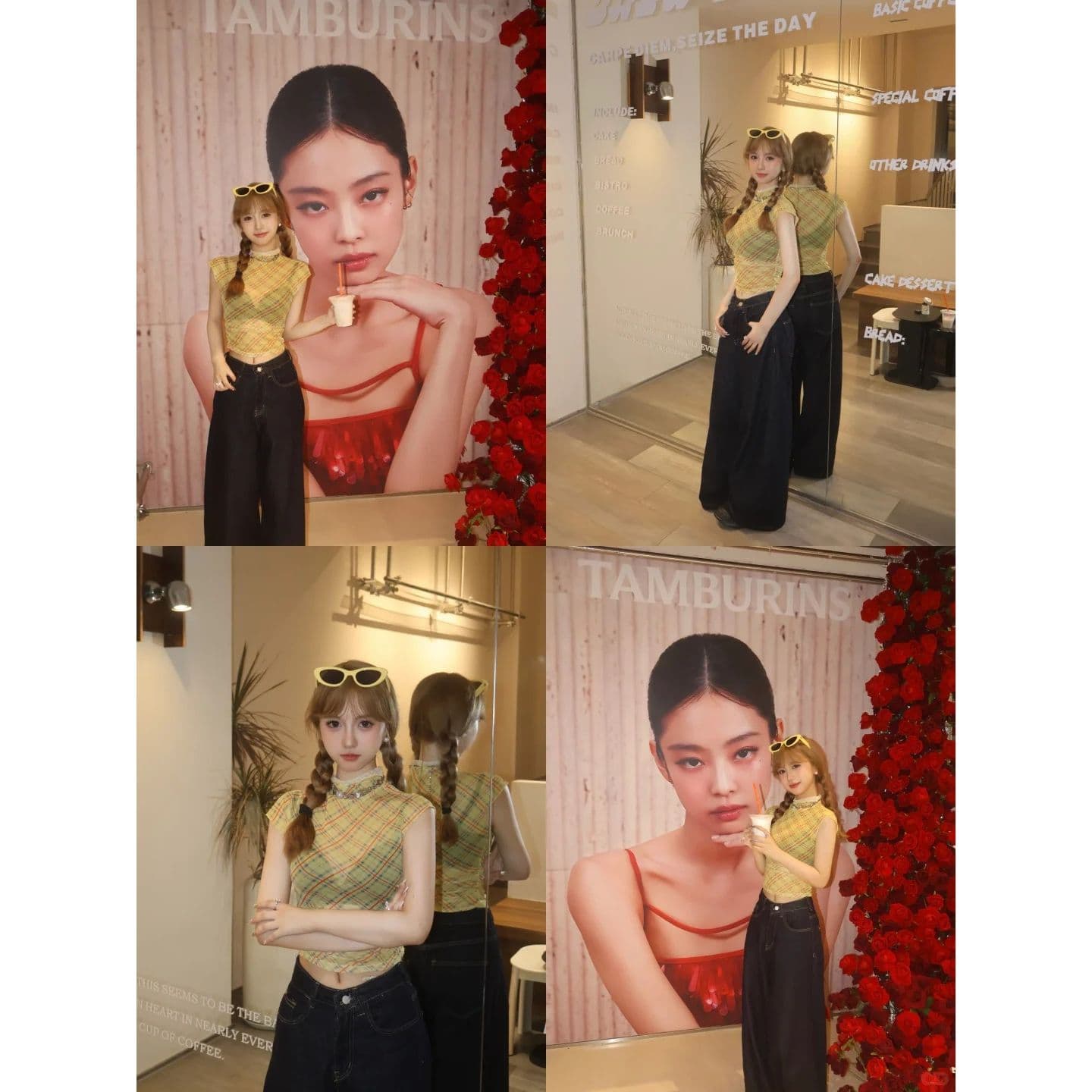 원본 품질 레트로 디자인 센스 작은 대중 체크무늬 긍정적 인 어깨 티셔츠 이슬 뼈의 맨위 이미지 2