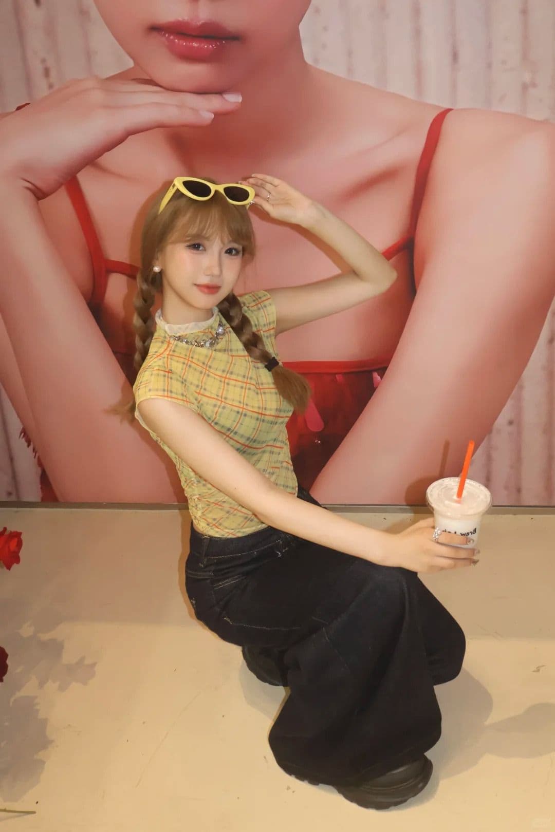 원본 품질 레트로 디자인 센스 작은 대중 체크무늬 긍정적 인 어깨 티셔츠 이슬 뼈의 맨위 상세 이미지 11