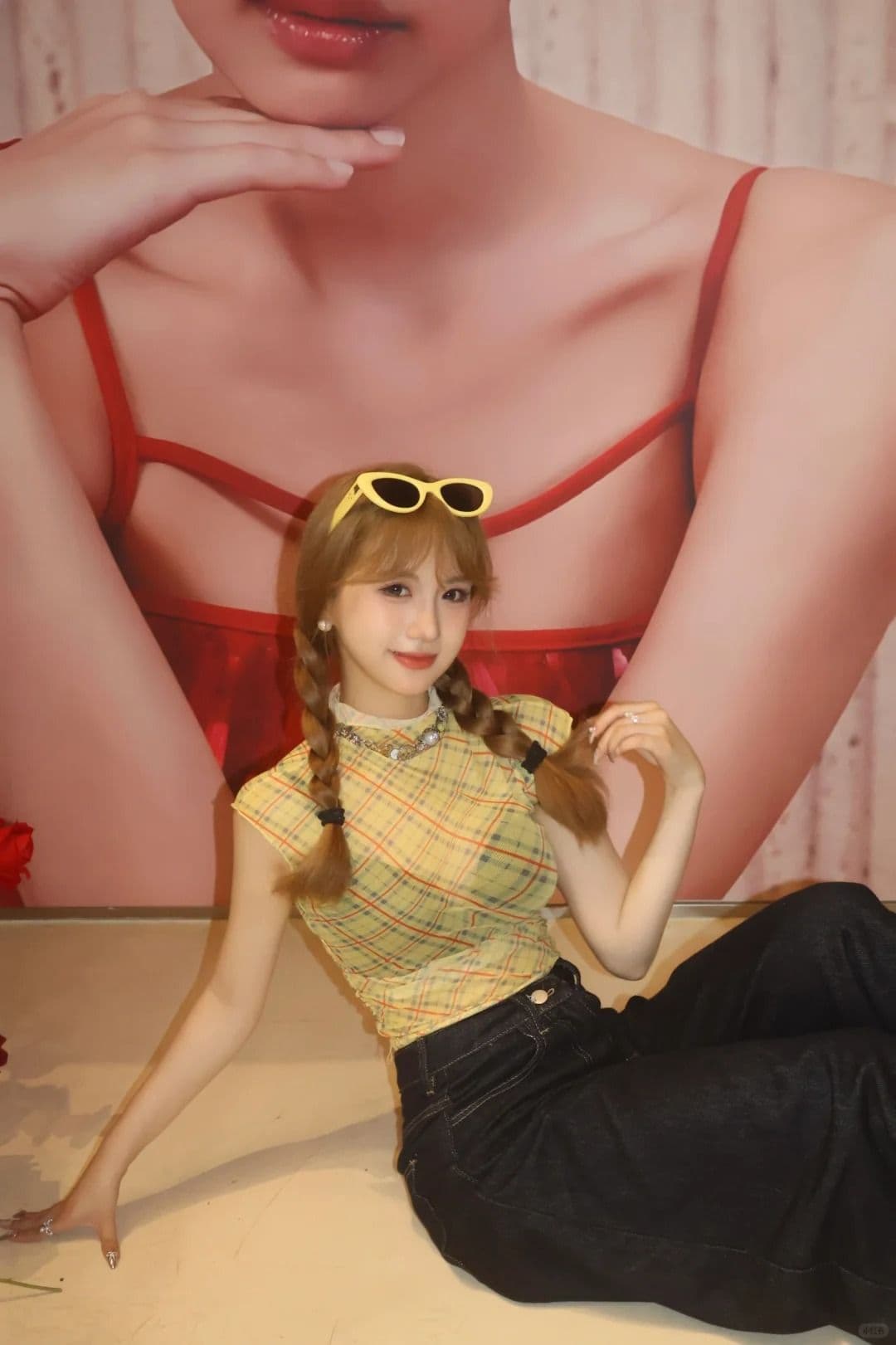 원본 품질 레트로 디자인 센스 작은 대중 체크무늬 긍정적 인 어깨 티셔츠 이슬 뼈의 맨위 상세 이미지 12
