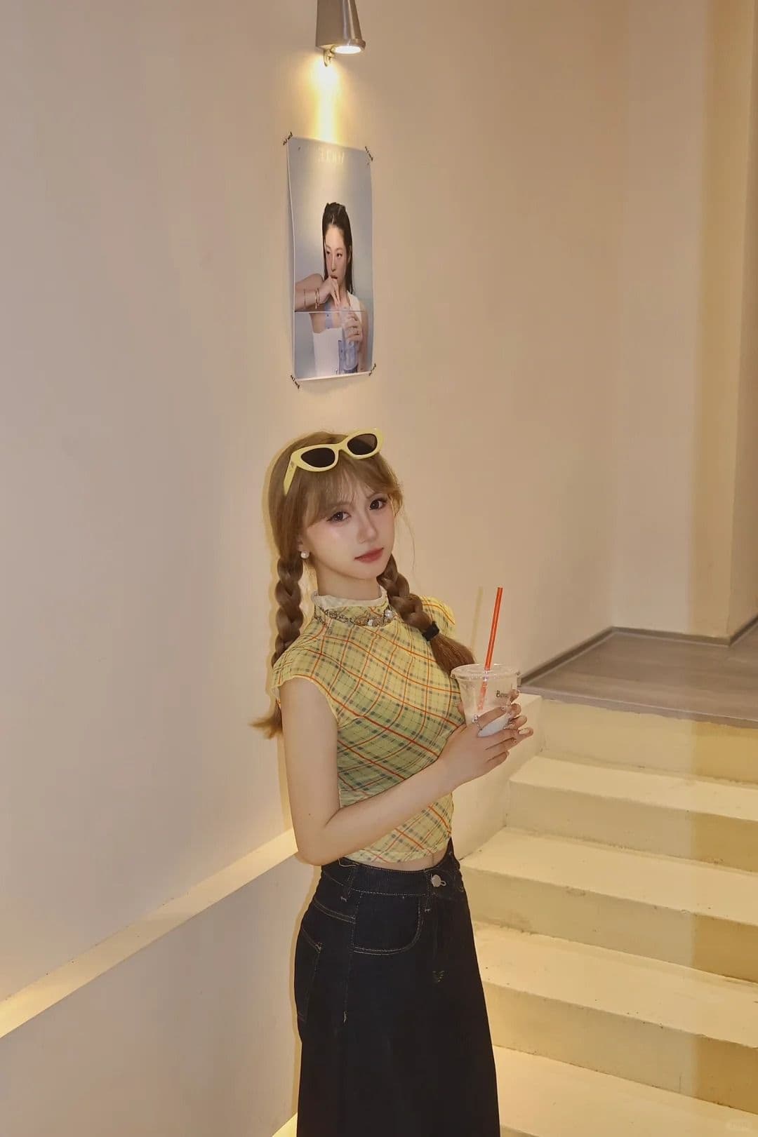원본 품질 레트로 디자인 센스 작은 대중 체크무늬 긍정적 인 어깨 티셔츠 이슬 뼈의 맨위 상세 이미지 13