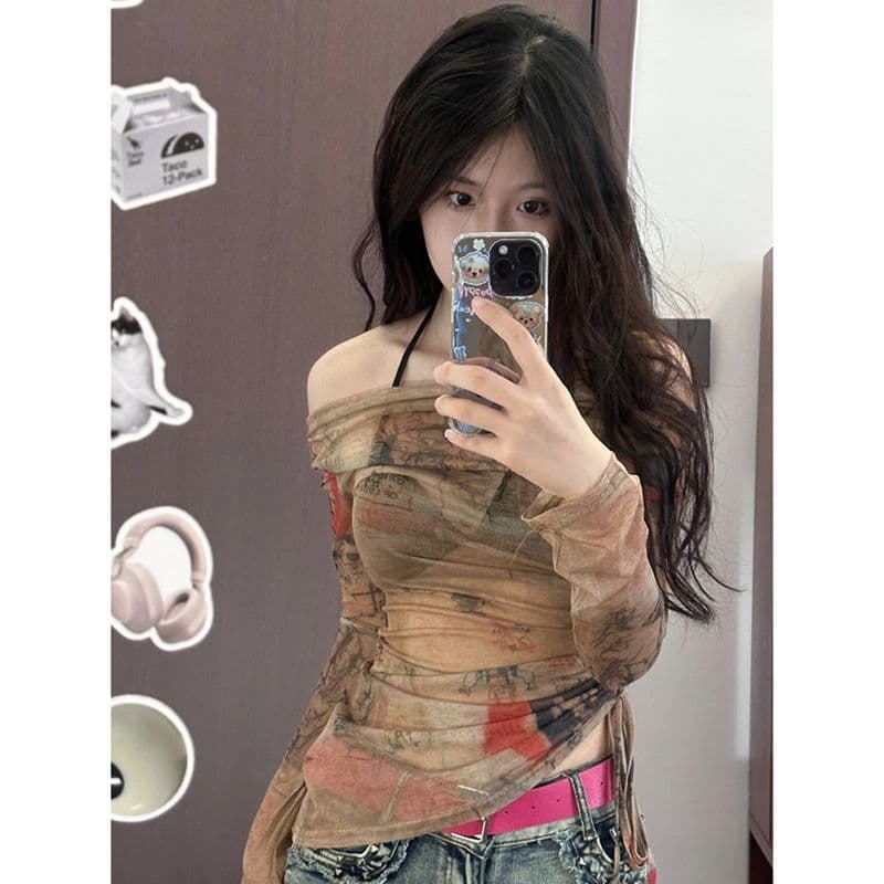 레트로 낙서 오프숄더 망사 맨위 여성 계절 얇은 스타일 긴팔 자외선 차단 블라우스 몸매 가꾸기 맨위