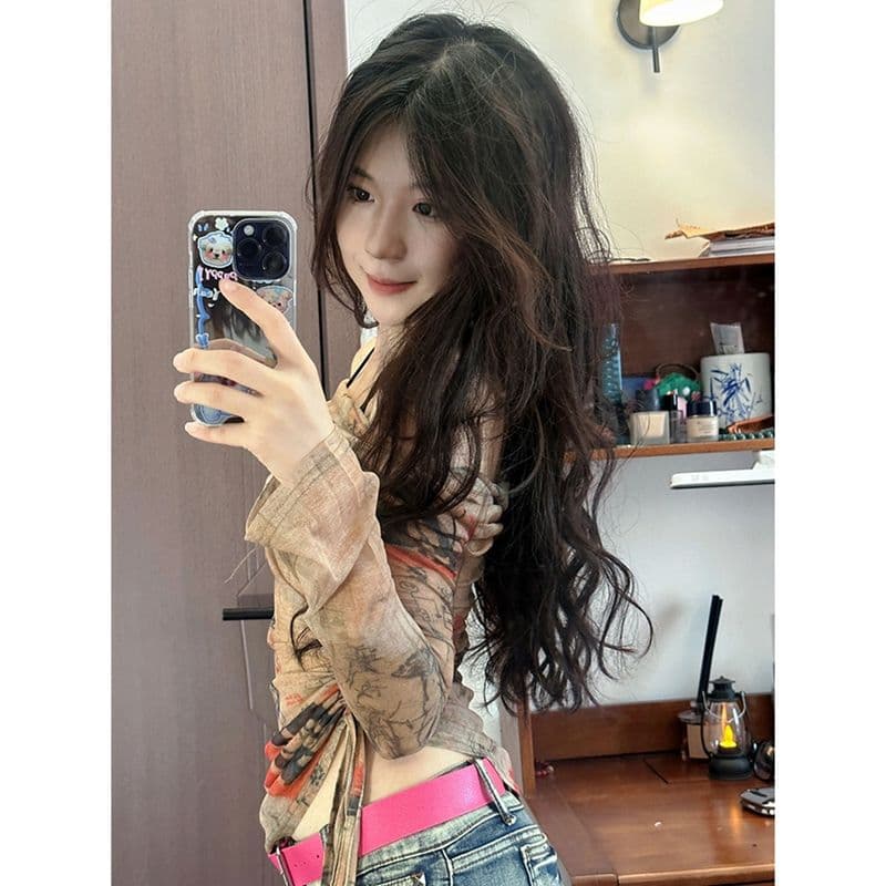 레트로 낙서 오프숄더 망사 맨위 여성 계절 얇은 스타일 긴팔 자외선 차단 블라우스 몸매 가꾸기 맨위 이미지 4