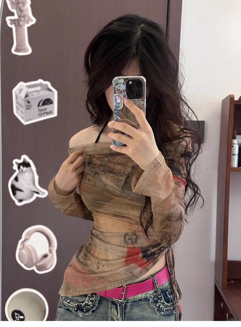 레트로 낙서 오프숄더 망사 맨위 여성 계절 얇은 스타일 긴팔 자외선 차단 블라우스 몸매 가꾸기 맨위 상세 이미지 6
