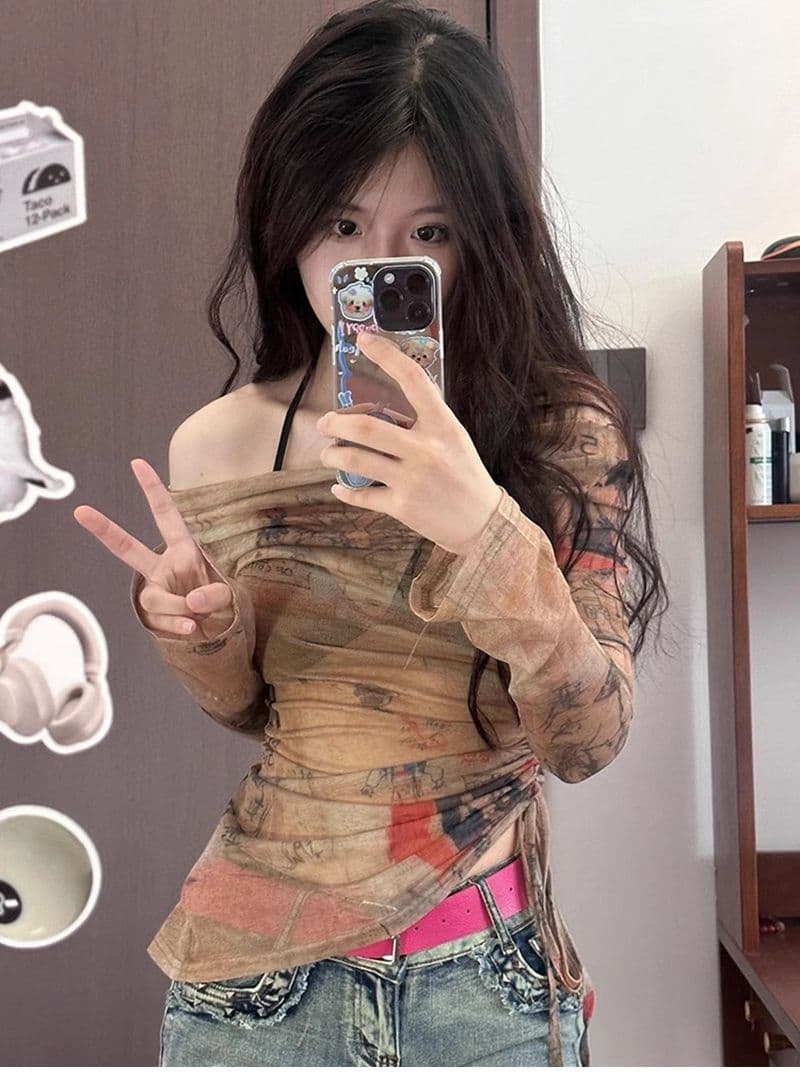 레트로 낙서 오프숄더 망사 맨위 여성 계절 얇은 스타일 긴팔 자외선 차단 블라우스 몸매 가꾸기 맨위 상세 이미지 8