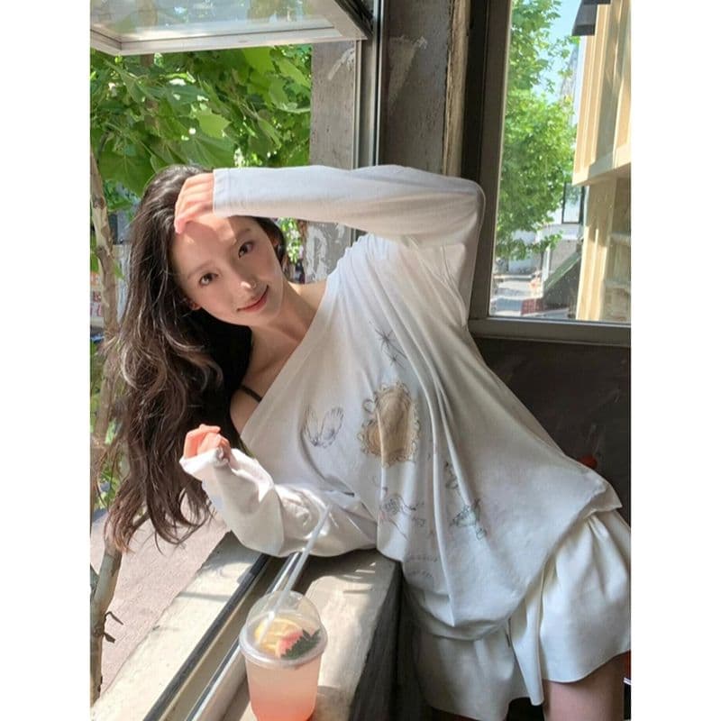 컬러 코튼 당겨 프레임 레트로 프린트 루즈핏 마이크로 ~을 통해 자외선 차단 블라우스 긴팔 맨위 티셔츠 여성 이미지 3