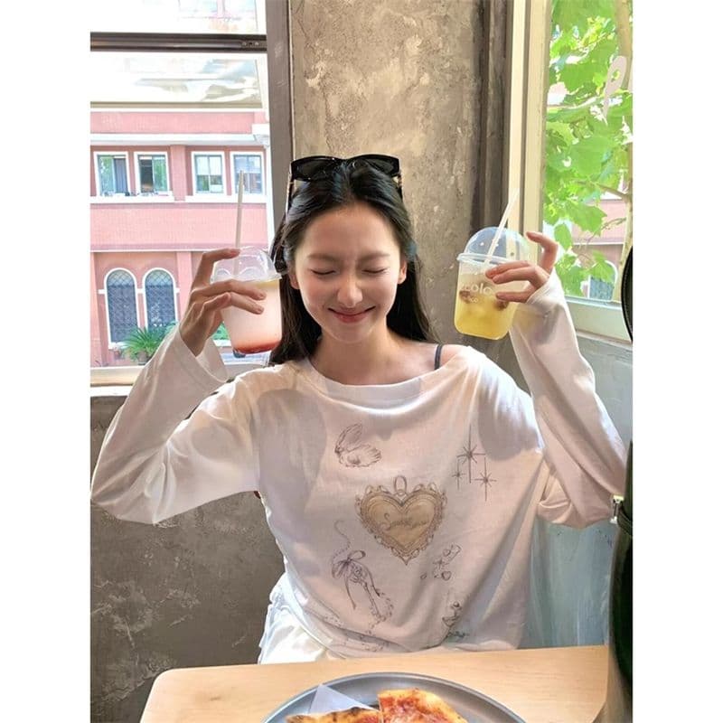 컬러 코튼 당겨 프레임 레트로 프린트 루즈핏 마이크로 ~을 통해 자외선 차단 블라우스 긴팔 맨위 티셔츠 여성