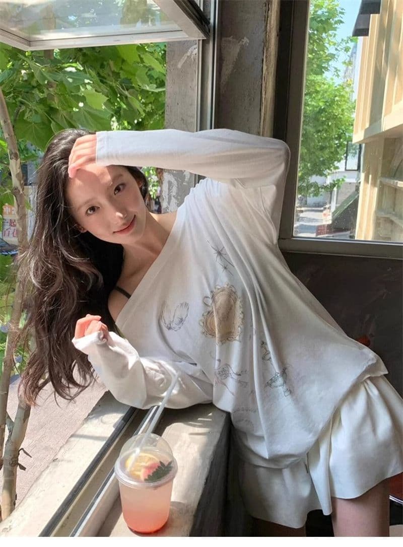 컬러 코튼 당겨 프레임 레트로 프린트 루즈핏 마이크로 ~을 통해 자외선 차단 블라우스 긴팔 맨위 티셔츠 여성 상세 이미지 5