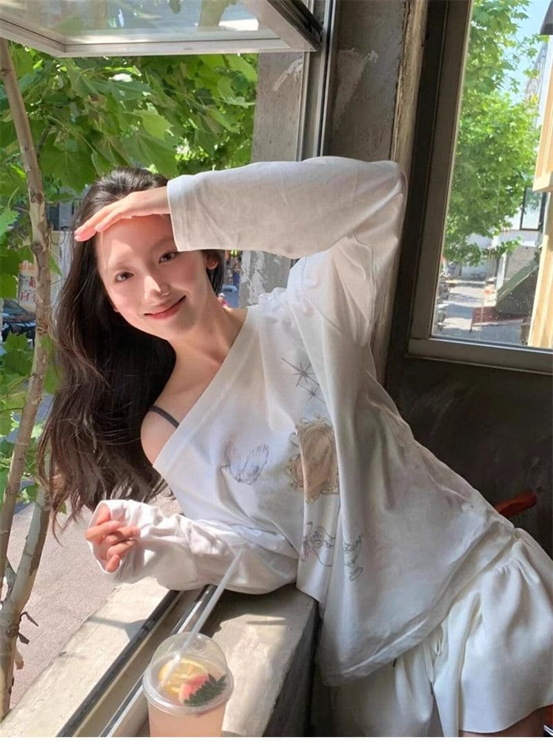 컬러 코튼 당겨 프레임 레트로 프린트 루즈핏 마이크로 ~을 통해 자외선 차단 블라우스 긴팔 맨위 티셔츠 여성 상세 이미지 6