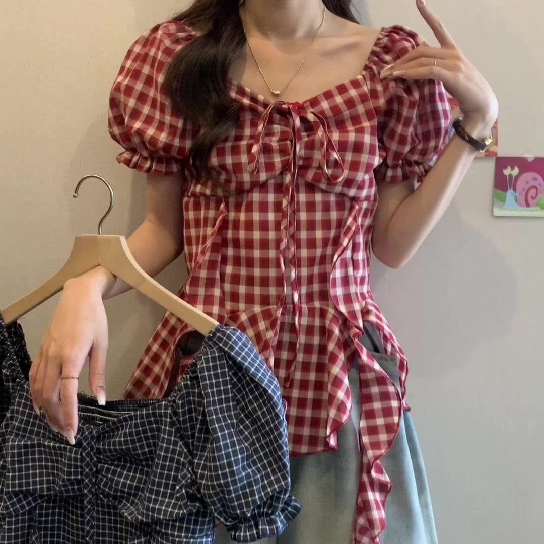 빅 사이즈 표지 배 프랑스식 레트로 리본 체크무늬 여성 셔츠 여름 통통한 여동생 슬림해 보이는 거품 소매 광장 칼라 맨위 상세 이미지 1