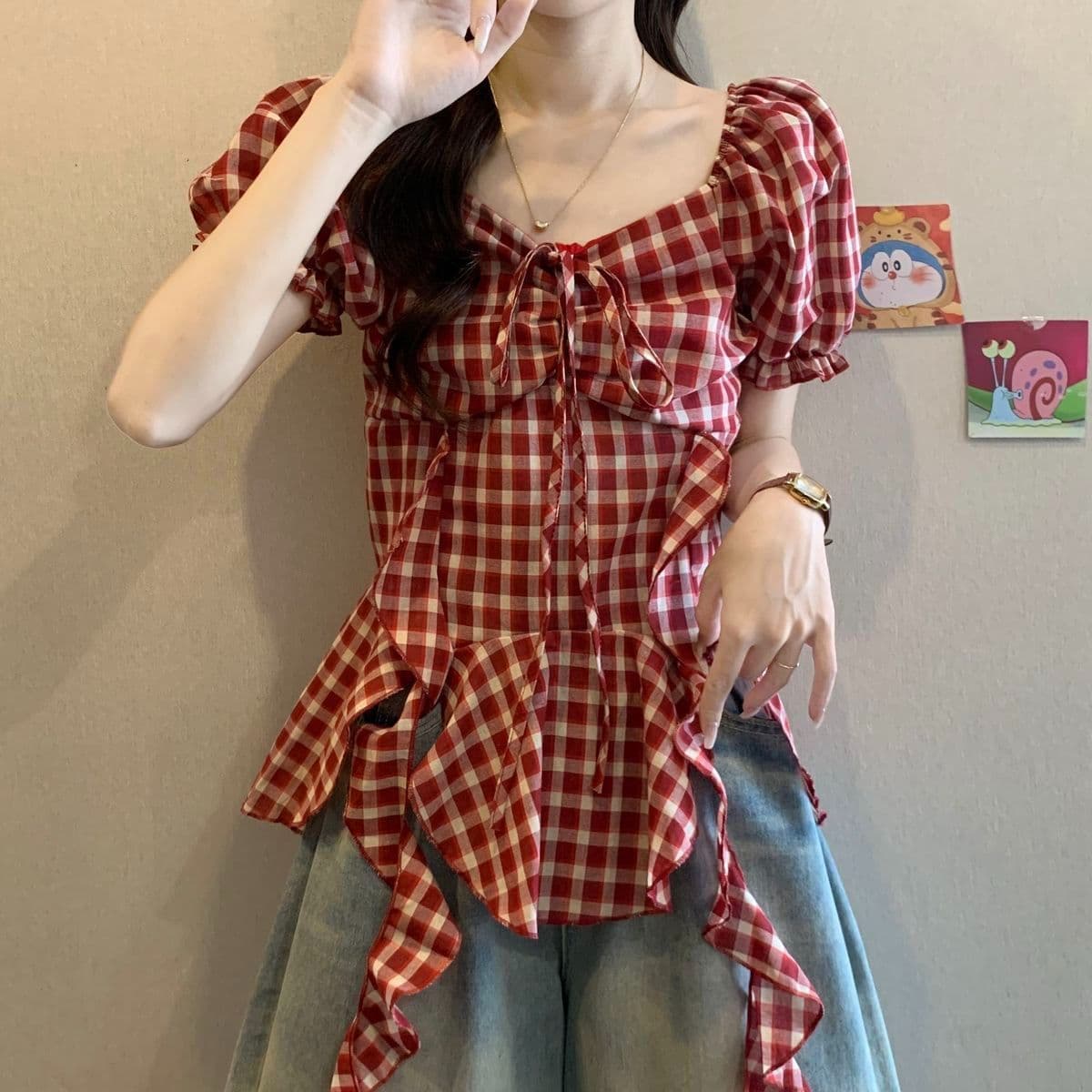 빅 사이즈 표지 배 프랑스식 레트로 리본 체크무늬 여성 셔츠 여름 통통한 여동생 슬림해 보이는 거품 소매 광장 칼라 맨위 상세 이미지 4