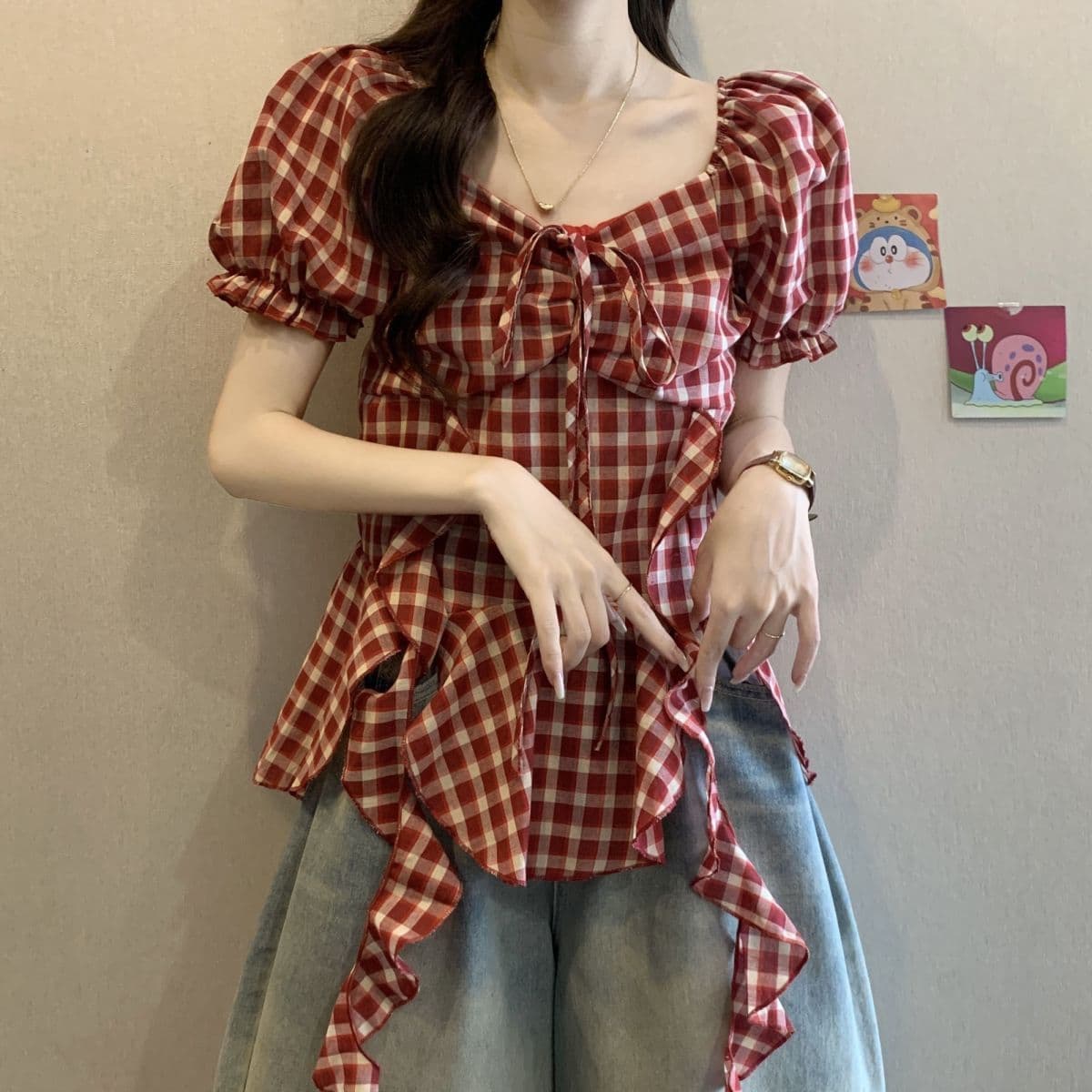 빅 사이즈 표지 배 프랑스식 레트로 리본 체크무늬 여성 셔츠 여름 통통한 여동생 슬림해 보이는 거품 소매 광장 칼라 맨위 상세 이미지 5