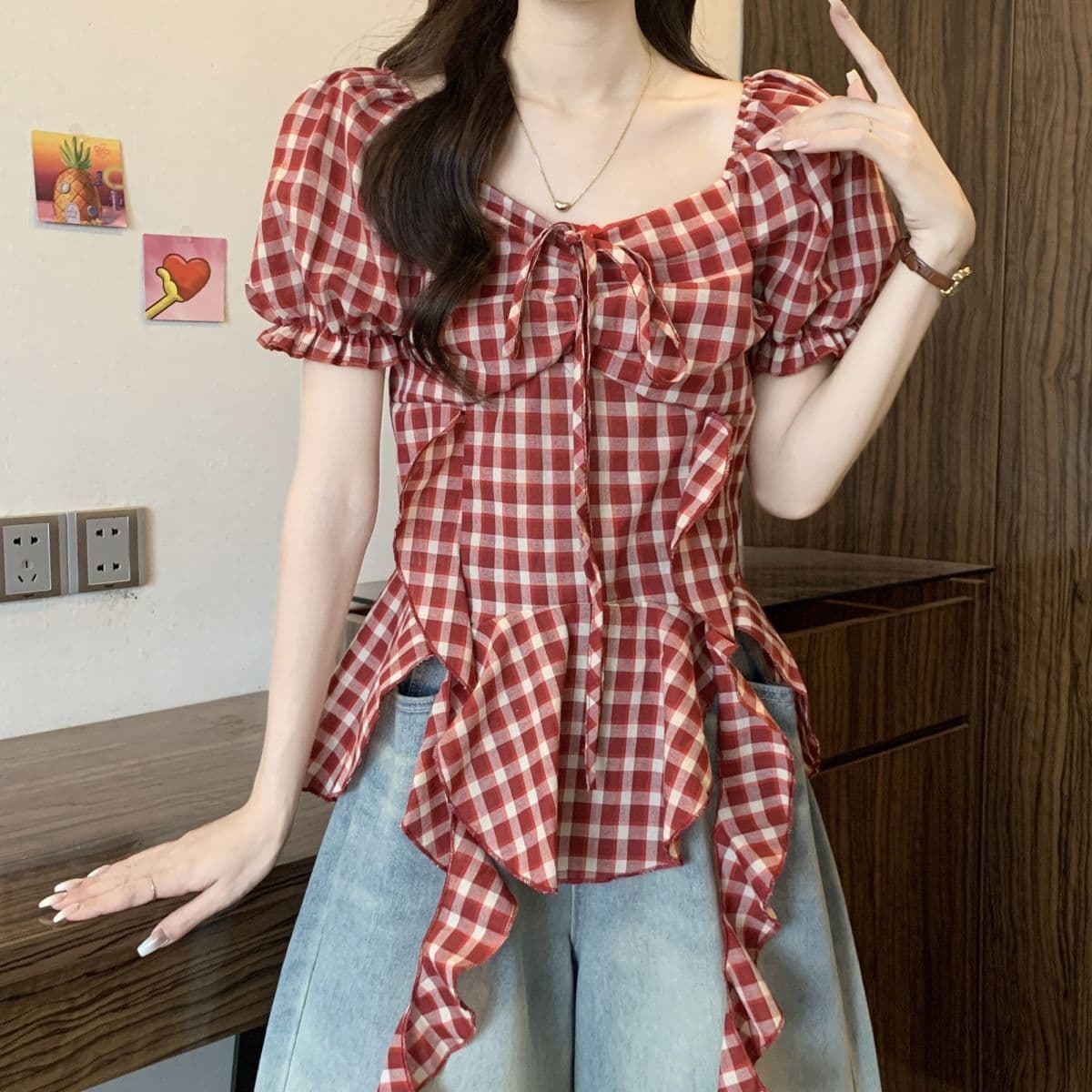 빅 사이즈 표지 배 프랑스식 레트로 리본 체크무늬 여성 셔츠 여름 통통한 여동생 슬림해 보이는 거품 소매 광장 칼라 맨위 상세 이미지 7