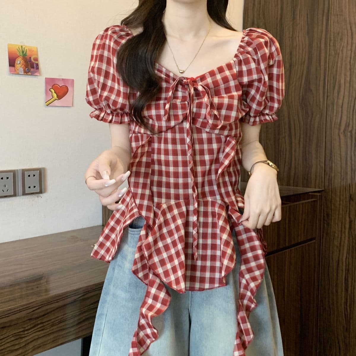 빅 사이즈 표지 배 프랑스식 레트로 리본 체크무늬 여성 셔츠 여름 통통한 여동생 슬림해 보이는 거품 소매 광장 칼라 맨위 상세 이미지 8