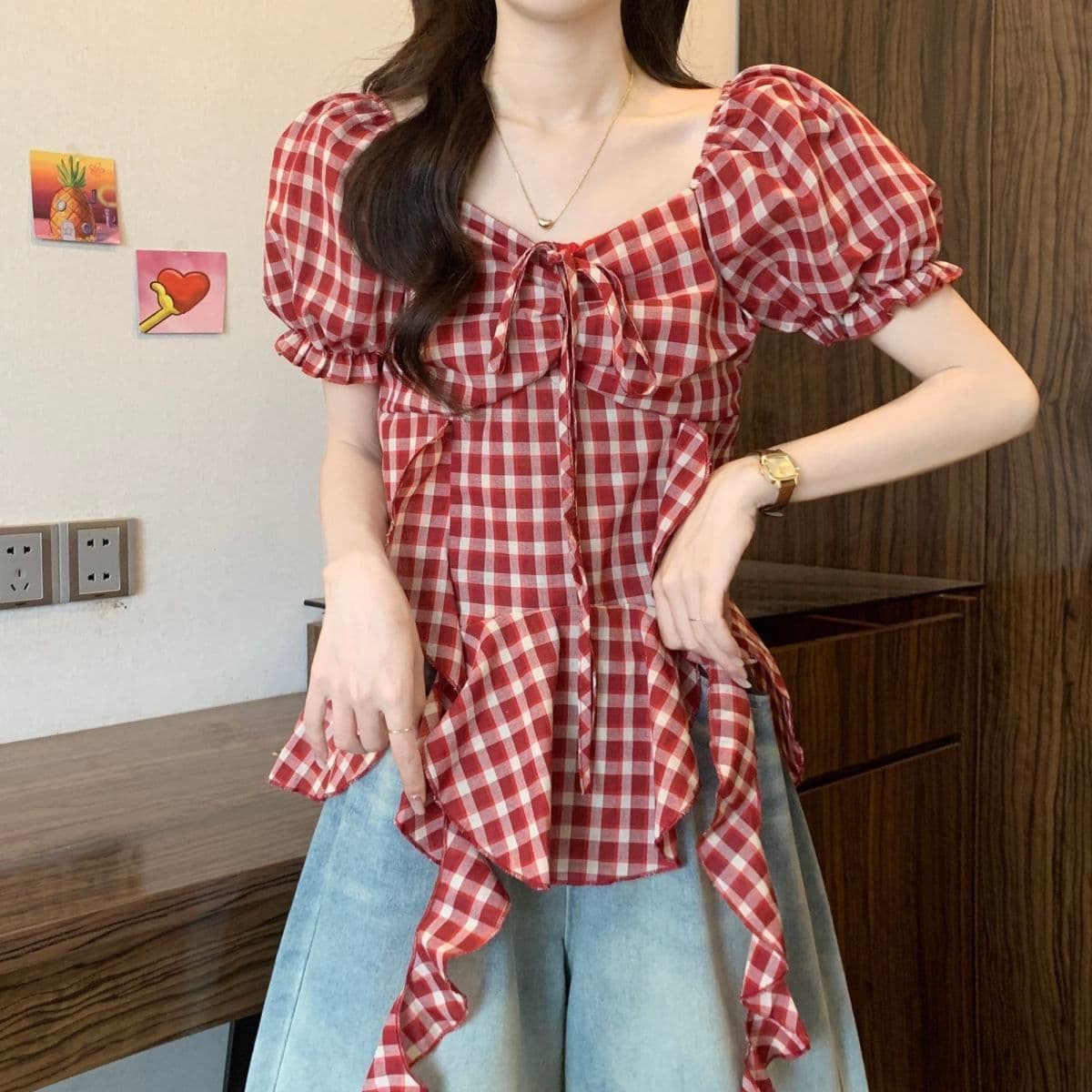 빅 사이즈 표지 배 프랑스식 레트로 리본 체크무늬 여성 셔츠 여름 통통한 여동생 슬림해 보이는 거품 소매 광장 칼라 맨위 상세 이미지 9