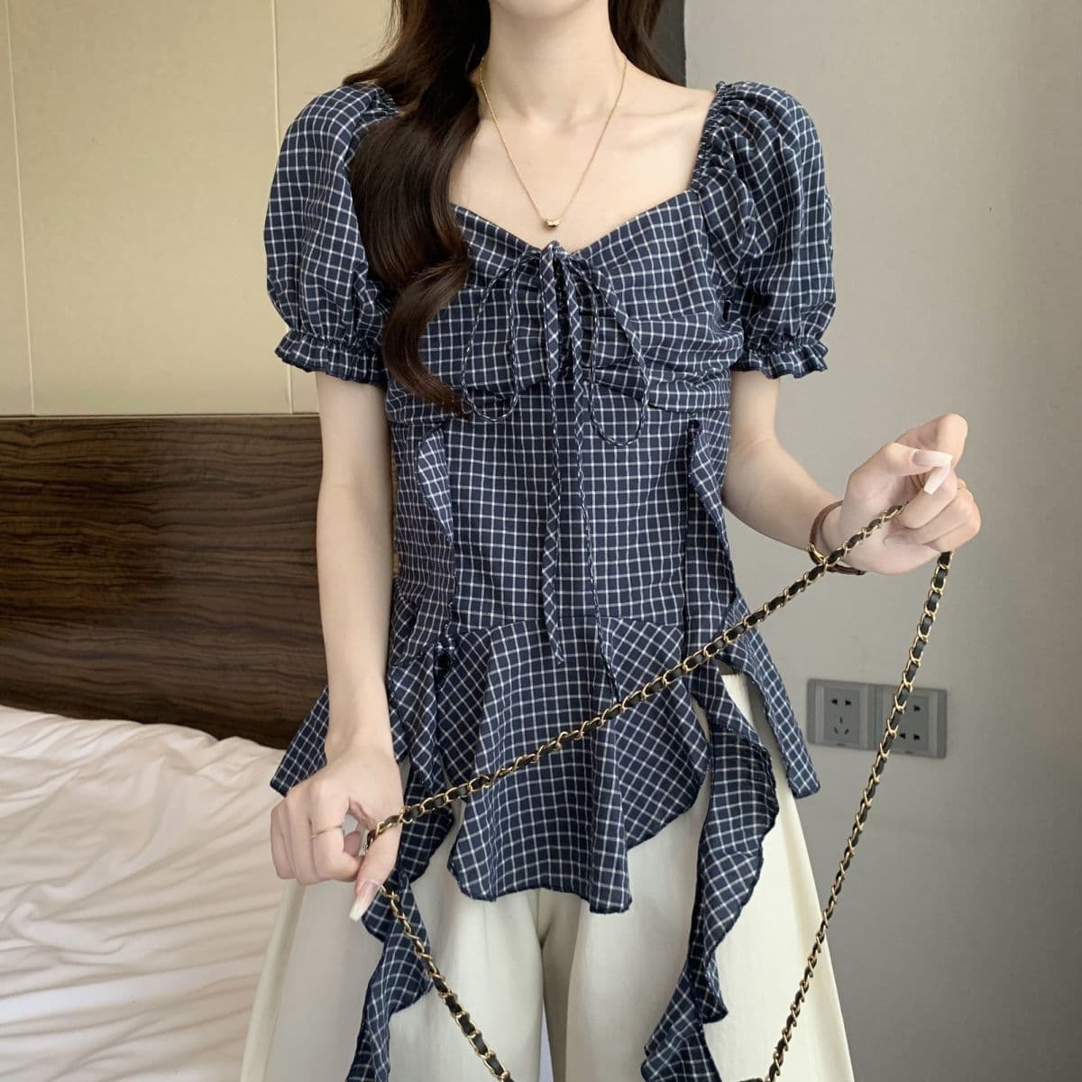 빅 사이즈 표지 배 프랑스식 레트로 리본 체크무늬 여성 셔츠 여름 통통한 여동생 슬림해 보이는 거품 소매 광장 칼라 맨위 상세 이미지 18