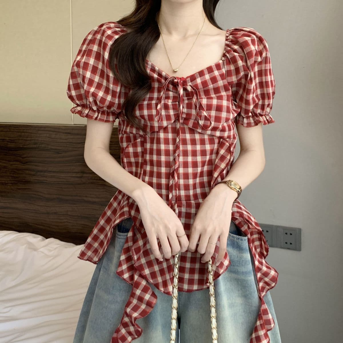 빅 사이즈 표지 배 프랑스식 레트로 리본 체크무늬 여성 셔츠 여름 통통한 여동생 슬림해 보이는 거품 소매 광장 칼라 맨위 상세 이미지 20