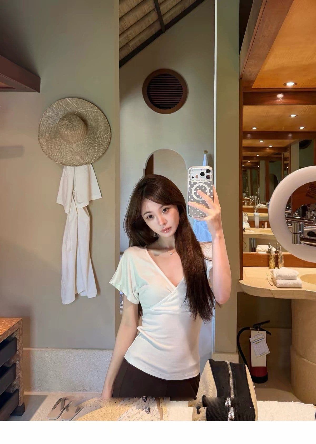 260 그램 사람들 면 리브 92 접착제 8 암모니아 Lun 작은 예쁜 허리 십자가 V넥 작은 날다 소매 티셔츠 여성 여름 몸매 가꾸기 반팔 상세 이미지 7