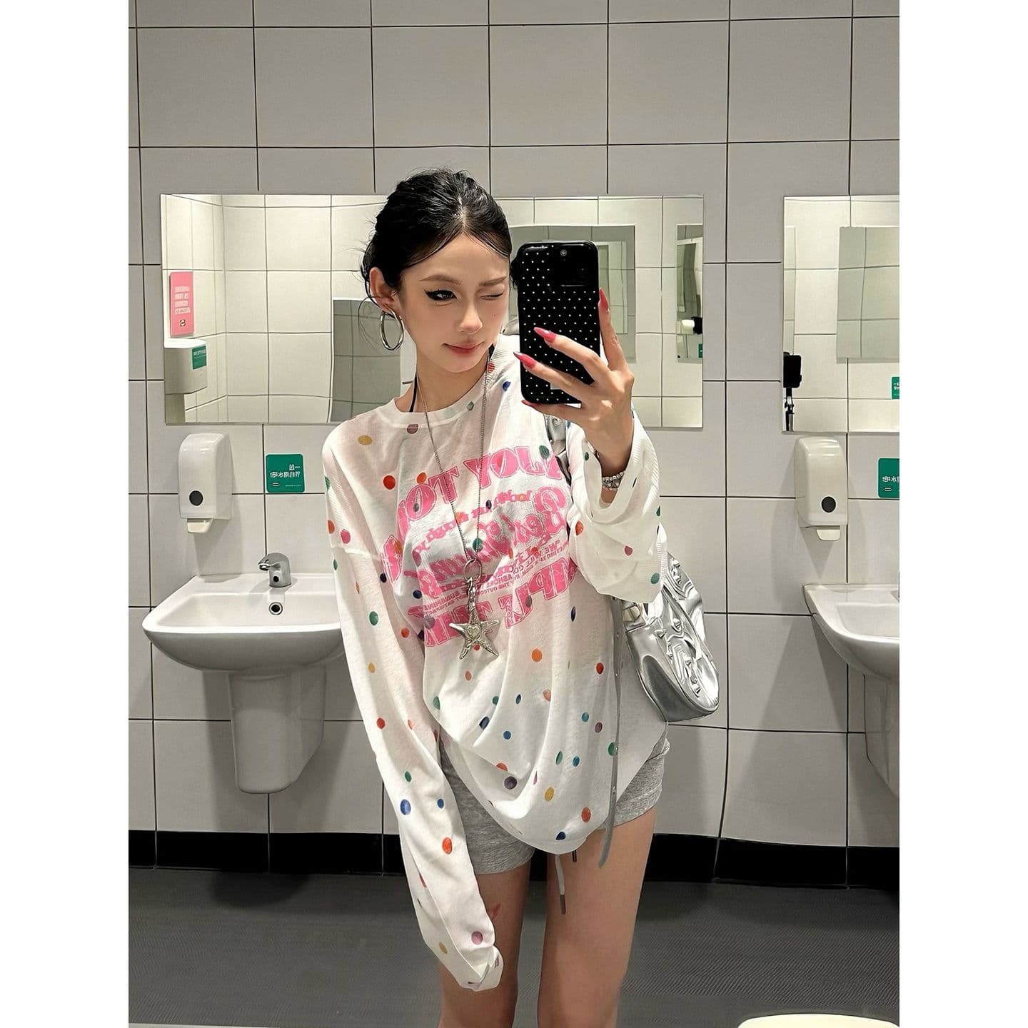 원본 것 색상 포인트 비스듬한 어깨 긴팔 티셔츠 여성 여름 루즈핏 블라우스 맨위 이미지 4