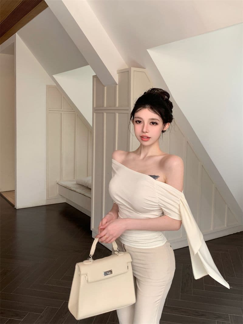 대외 무역 충동 섹션 핫걸 리본 비스듬한 어깨 반팔 티셔츠 여성 여름 불규칙 인사이드 가져 가라. 슬림해 보이는 맨위 상세 이미지 5
