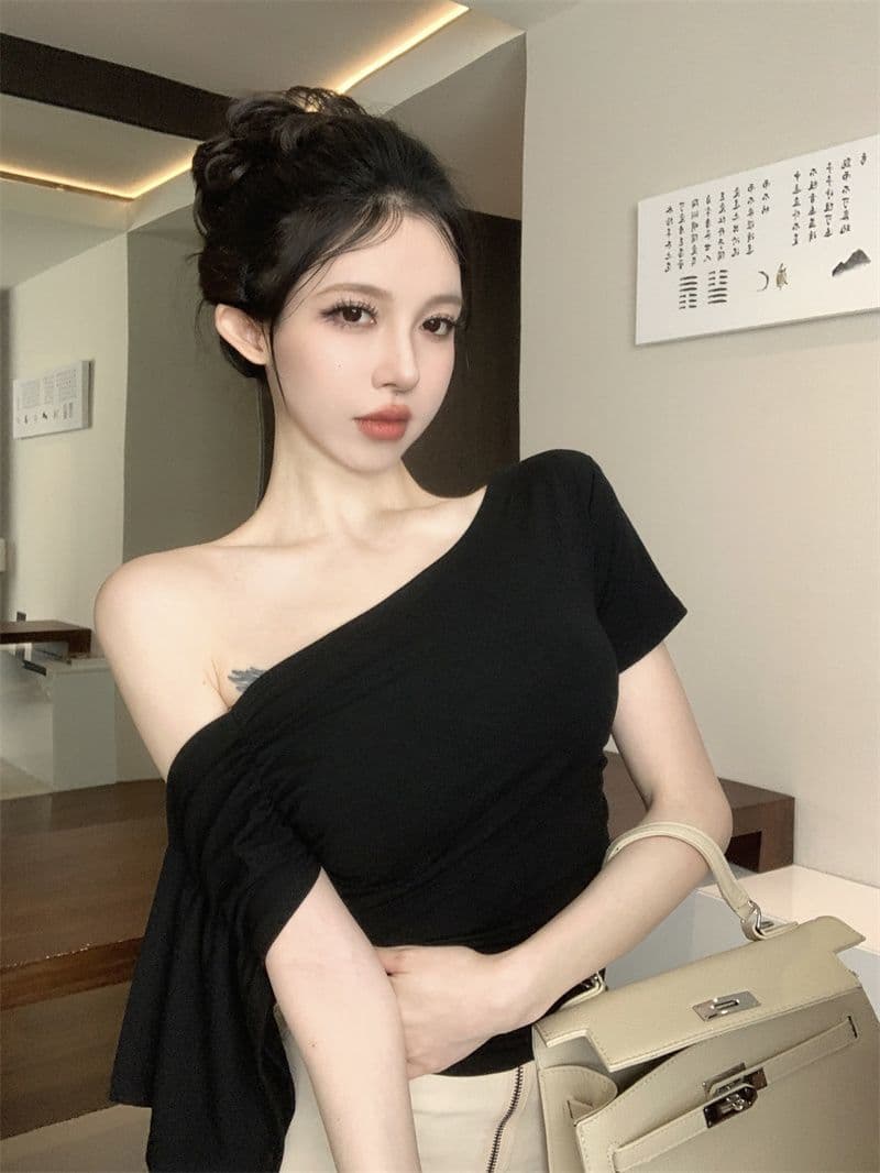 대외 무역 충동 섹션 핫걸 리본 비스듬한 어깨 반팔 티셔츠 여성 여름 불규칙 인사이드 가져 가라. 슬림해 보이는 맨위 상세 이미지 7