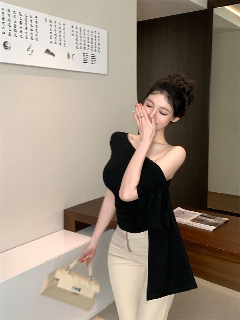 대외 무역 충동 섹션 핫걸 리본 비스듬한 어깨 반팔 티셔츠 여성 여름 불규칙 인사이드 가져 가라. 슬림해 보이는 맨위 상세 이미지 10