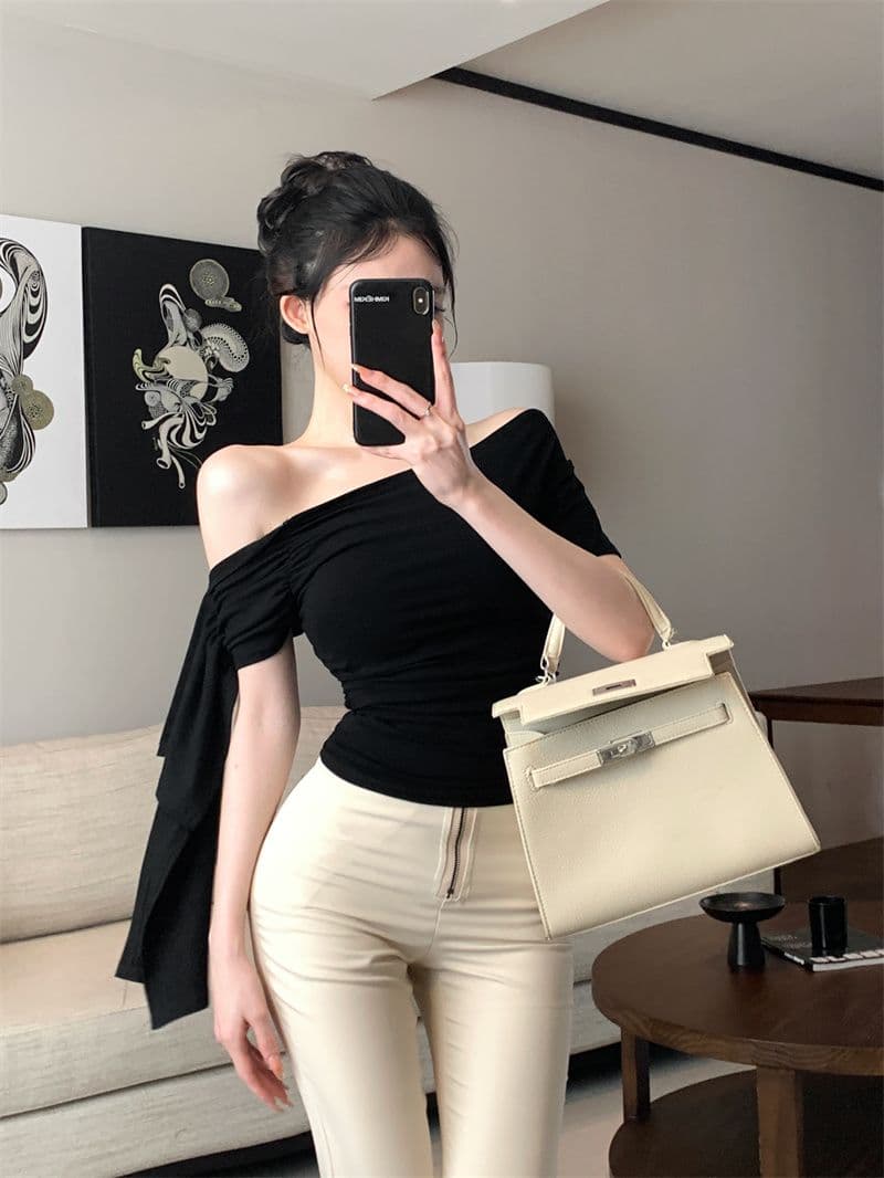 대외 무역 충동 섹션 핫걸 리본 비스듬한 어깨 반팔 티셔츠 여성 여름 불규칙 인사이드 가져 가라. 슬림해 보이는 맨위 상세 이미지 11