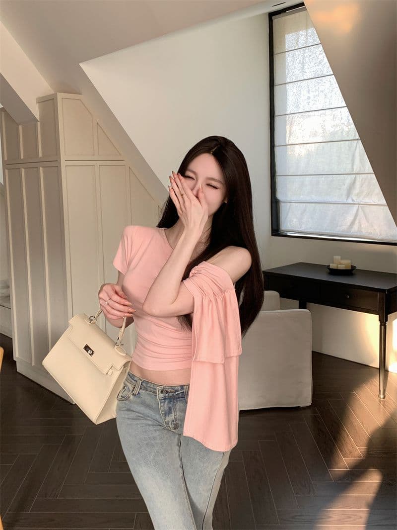 대외 무역 충동 섹션 핫걸 리본 비스듬한 어깨 반팔 티셔츠 여성 여름 불규칙 인사이드 가져 가라. 슬림해 보이는 맨위 상세 이미지 12