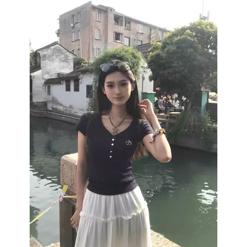 이후 테두리 원본 주간 고양이 품질 긍정적 인 어깨 반팔 티셔츠 여성 여름 작은 키 몸매 가꾸기 허리 수축 맨위 상세 이미지 8
