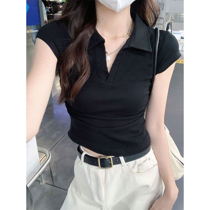 원본 품질 솜씨 여름 POLO 칼라 몸매 가꾸기 긍정적 인 어깨 반팔 티셔츠 불규칙 맨위 이미지 3
