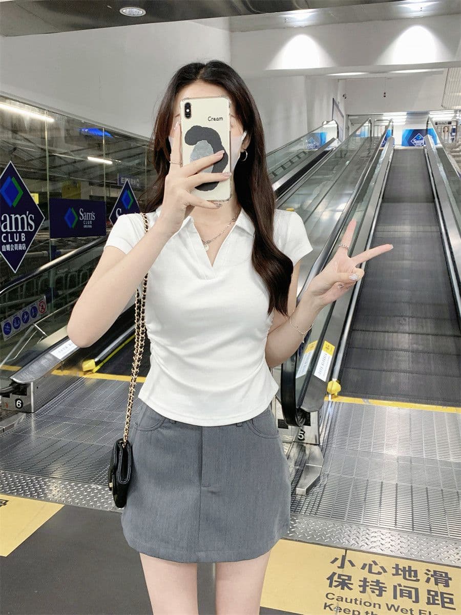 원본 품질 솜씨 여름 POLO 칼라 몸매 가꾸기 긍정적 인 어깨 반팔 티셔츠 불규칙 맨위 상세 이미지 2