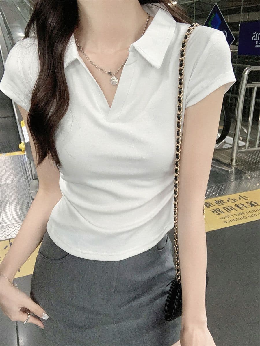 원본 품질 솜씨 여름 POLO 칼라 몸매 가꾸기 긍정적 인 어깨 반팔 티셔츠 불규칙 맨위 상세 이미지 5