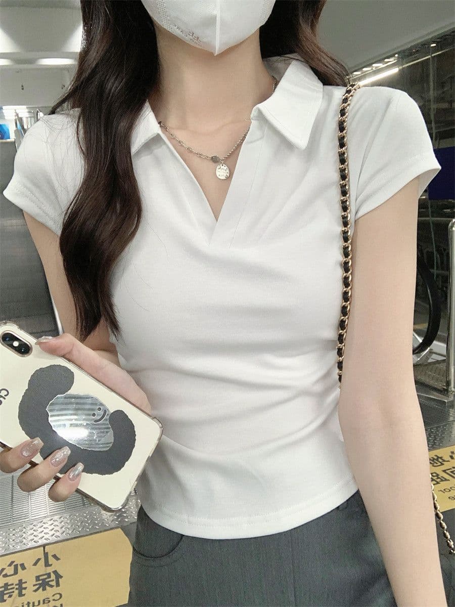 원본 품질 솜씨 여름 POLO 칼라 몸매 가꾸기 긍정적 인 어깨 반팔 티셔츠 불규칙 맨위 상세 이미지 6