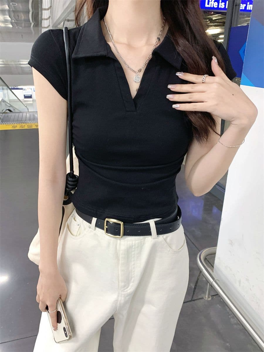 원본 품질 솜씨 여름 POLO 칼라 몸매 가꾸기 긍정적 인 어깨 반팔 티셔츠 불규칙 맨위 상세 이미지 7