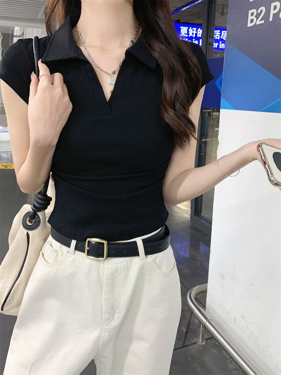 원본 품질 솜씨 여름 POLO 칼라 몸매 가꾸기 긍정적 인 어깨 반팔 티셔츠 불규칙 맨위 상세 이미지 8