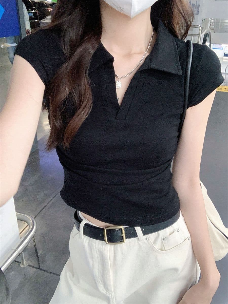 원본 품질 솜씨 여름 POLO 칼라 몸매 가꾸기 긍정적 인 어깨 반팔 티셔츠 불규칙 맨위 상세 이미지 9