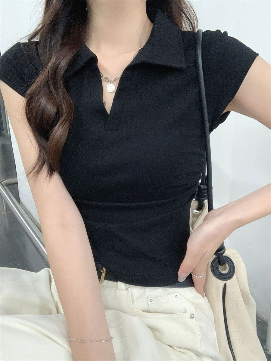 원본 품질 솜씨 여름 POLO 칼라 몸매 가꾸기 긍정적 인 어깨 반팔 티셔츠 불규칙 맨위 상세 이미지 10