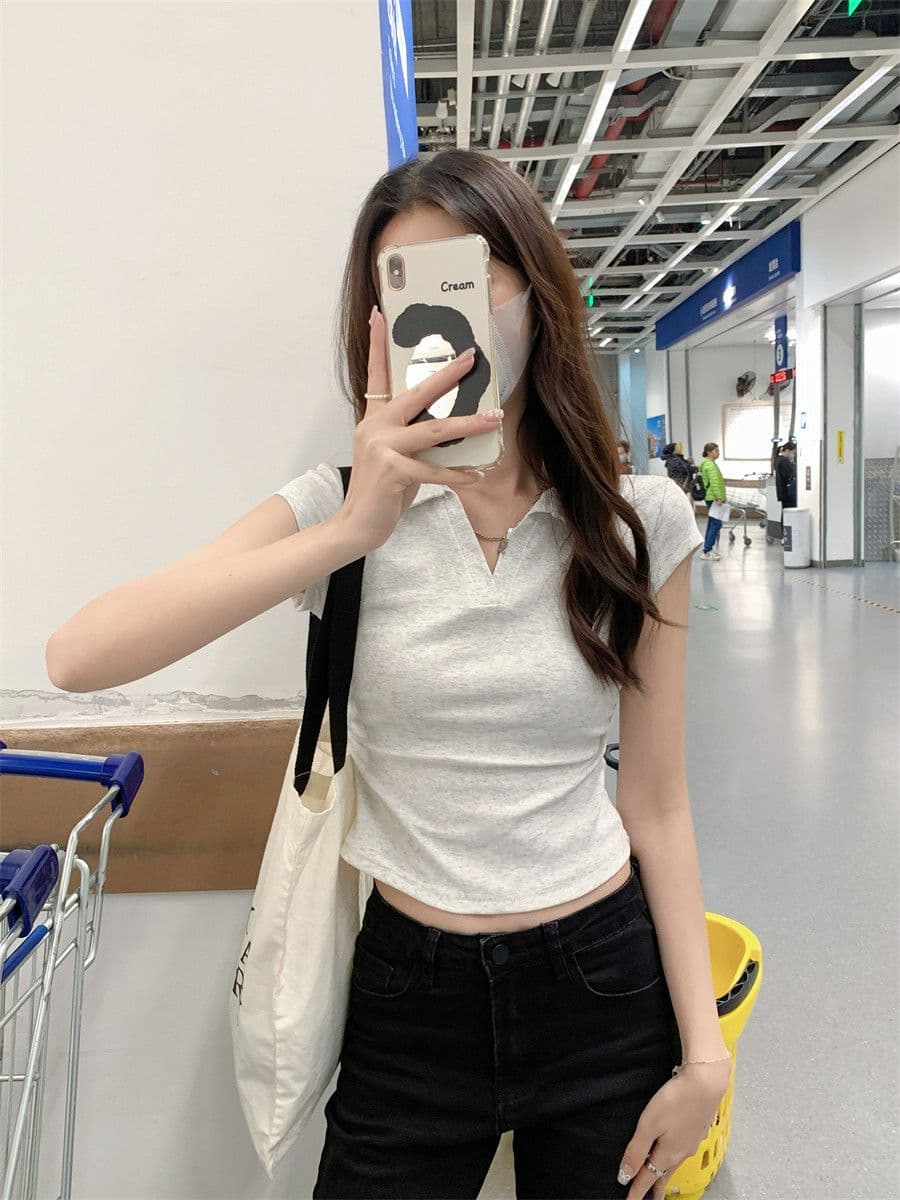 원본 품질 솜씨 여름 POLO 칼라 몸매 가꾸기 긍정적 인 어깨 반팔 티셔츠 불규칙 맨위 상세 이미지 11