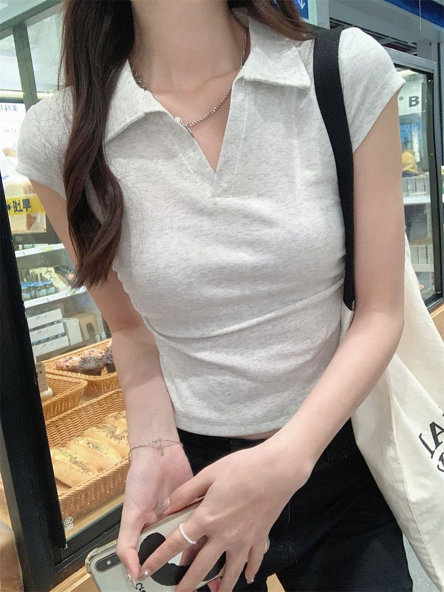 원본 품질 솜씨 여름 POLO 칼라 몸매 가꾸기 긍정적 인 어깨 반팔 티셔츠 불규칙 맨위 상세 이미지 13