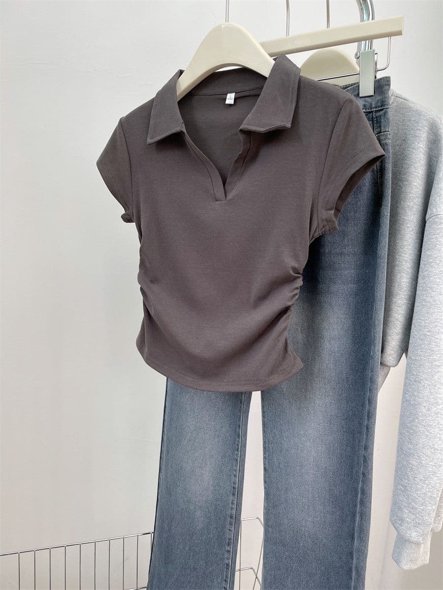 원본 품질 솜씨 여름 POLO 칼라 몸매 가꾸기 긍정적 인 어깨 반팔 티셔츠 불규칙 맨위 상세 이미지 17