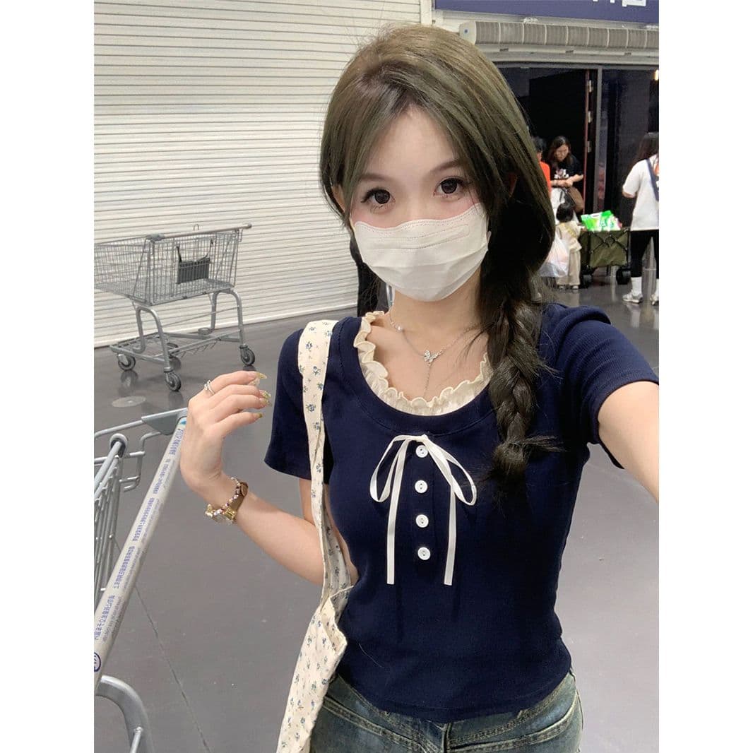 원본 원단 것 페이크 레이어드 반팔 티셔츠 여성 여름 달콤함 몸매 가꾸기 슬림해 보이는 부드러운 바람 맨위 이미지 4