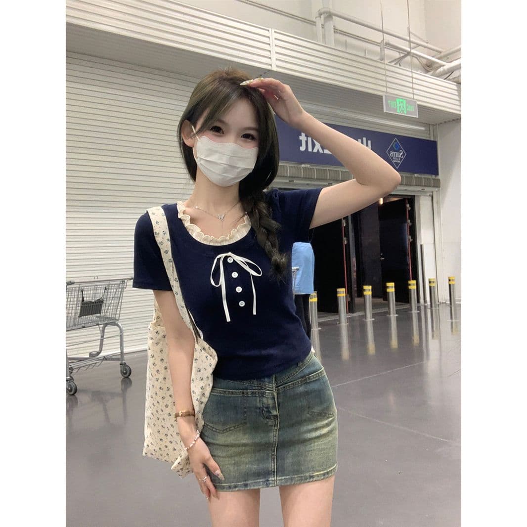 원본 원단 것 페이크 레이어드 반팔 티셔츠 여성 여름 달콤함 몸매 가꾸기 슬림해 보이는 부드러운 바람 맨위 이미지 2