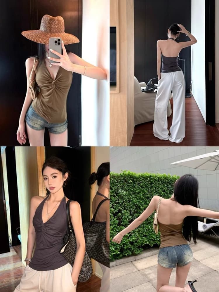 대외 무역 뜨거운 판매 섹션 디자인 센스 작은 대중 비틀림 행침 목 캐미솔 여름 쇼트 스타일 핫걸 맨위 상세 이미지 2