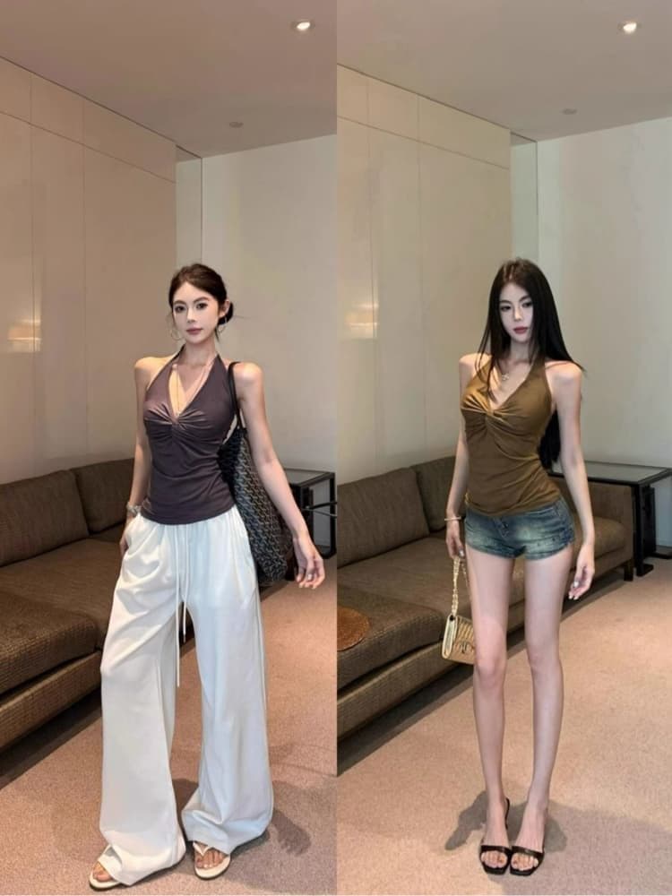 대외 무역 뜨거운 판매 섹션 디자인 센스 작은 대중 비틀림 행침 목 캐미솔 여름 쇼트 스타일 핫걸 맨위 상세 이미지 4