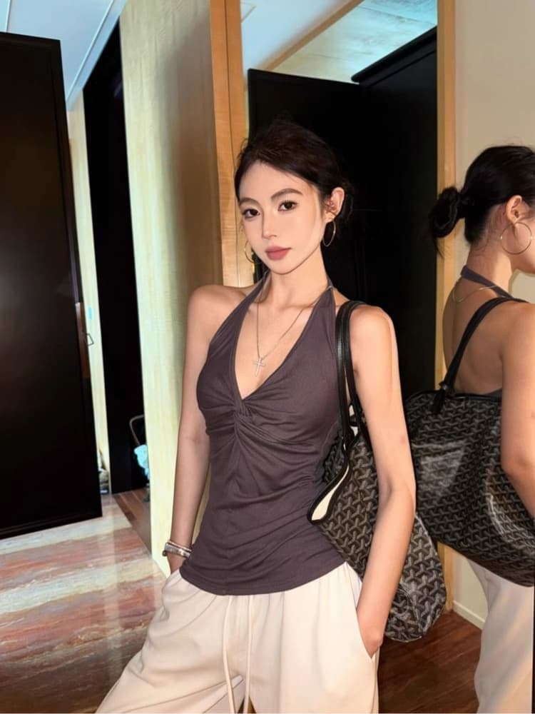 대외 무역 뜨거운 판매 섹션 디자인 센스 작은 대중 비틀림 행침 목 캐미솔 여름 쇼트 스타일 핫걸 맨위 상세 이미지 14